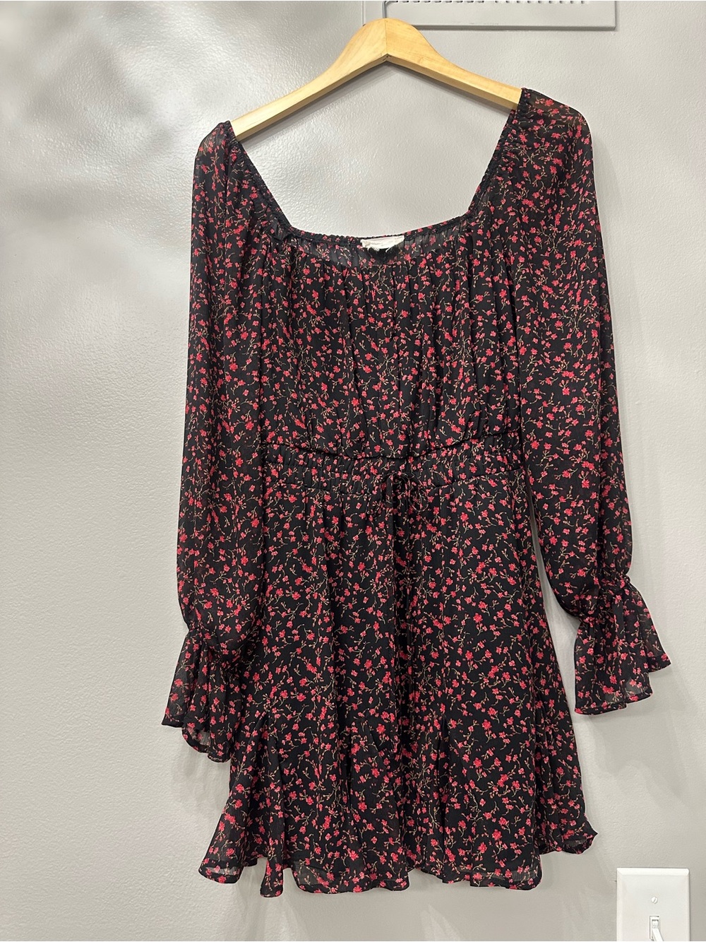 Altar’d State Black Floral Long Sleeve Mini Dress with Pink Print